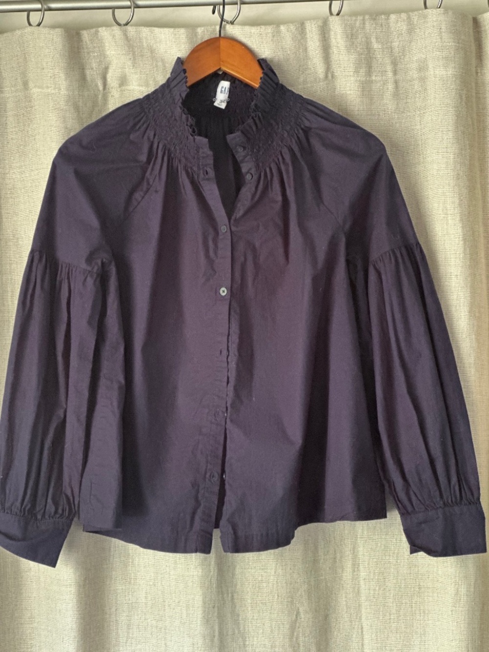 Navy Blouse with Puff Sleeve and Seersucker Collar! - Picture 3 of 5
